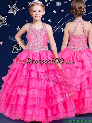 High Quality Hot Pink Halter Top Neckline Beading and Ruffled Layers Little Girl Pageant Dress Sleeveless Zipper