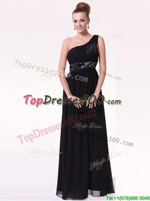 Trendy Black Column/Sheath Chiffon One Shoulder Sleeveless Beading Floor Length Side Zipper Prom Party Dress