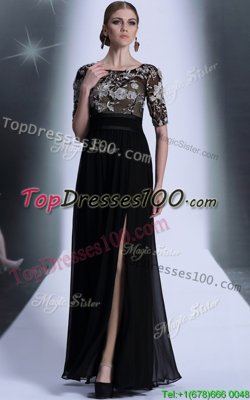 Scoop Black Half Sleeves Chiffon Zipper for Prom and Party