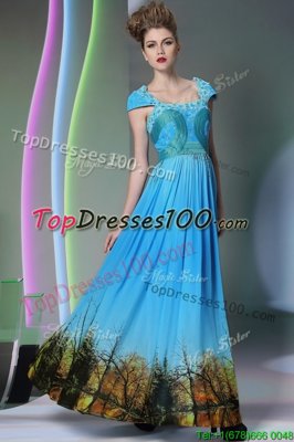 Delicate Blue Column/Sheath Chiffon V-neck Sleeveless Beading and Appliques and Ruching Floor Length Zipper Prom Gown