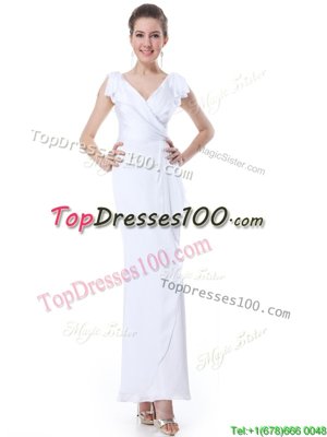 Shining White Zipper V-neck Ruffles Prom Gown Chiffon Cap Sleeves