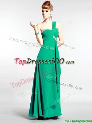 One Shoulder Green Zipper Prom Evening Gown Beading Sleeveless Floor Length