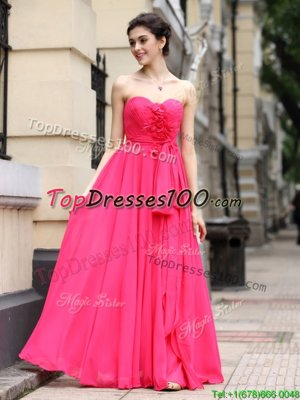 Custom Design Hot Pink Column/Sheath Chiffon Sweetheart Sleeveless Sashes|ribbons and Ruching and Hand Made Flower Floor Length Zipper Evening Dress