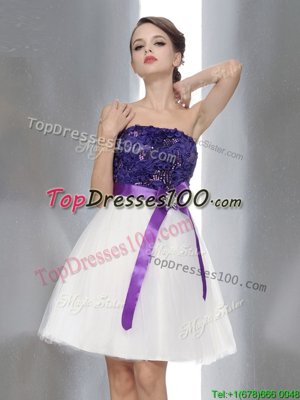 Dazzling White And Purple Zipper Strapless Beading and Sashes|ribbons Party Dresses Chiffon Sleeveless