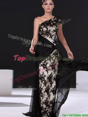 Spectacular One Shoulder With Train Side Zipper Dress for Prom Black and In for Prom and Party with Lace Brush Train