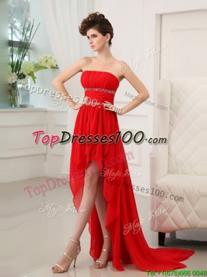 Red Column/Sheath Strapless Sleeveless Chiffon High Low Zipper Beading and Ruffles Pageant Gowns
