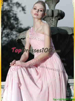 Popular Baby Pink Dress for Prom Prom and Party and For with Ruching and Hand Made Flower One Shoulder Sleeveless Side Zipper