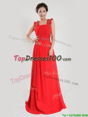 Custom Design Coral Red Column/Sheath Straps Sleeveless Chiffon Floor Length Zipper Beading and Ruching Prom Party Dress