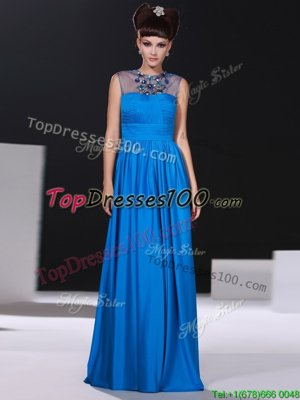 Delicate Scoop Sleeveless Prom Gown Floor Length Beading and Ruching Blue Silk Like Satin