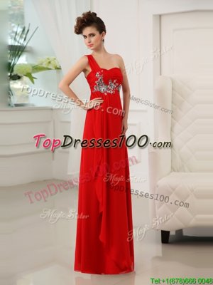 Traditional One Shoulder Red Sleeveless Beading and Appliques and Ruching Floor Length Evening Dress