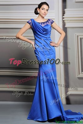 Low Price Blue Empire Scoop Sleeveless Satin Court Train Zipper Beading Prom Gown