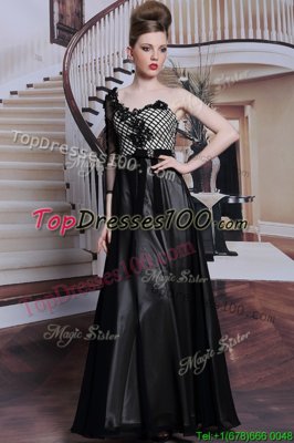 Floor Length Black Prom Dresses Asymmetric 3|4 Length Sleeve Side Zipper