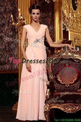 Baby Pink Evening Dress Prom and Party and For with Beading and Embroidery and Ruching V-neck Cap Sleeves Side Zipper