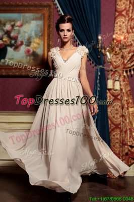 Captivating Champagne Empire Chiffon V-neck Cap Sleeves Beading and Hand Made Flower Floor Length Side Zipper Prom Gown