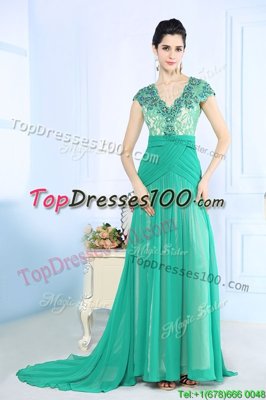 Turquoise Column/Sheath V-neck Cap Sleeves Chiffon With Brush Train Side Zipper Beading and Lace and Ruching Prom Dresses