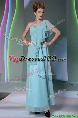 Unique One Shoulder Ankle Length Side Zipper Prom Gown Light Blue and In for Prom and Party with Ruffles