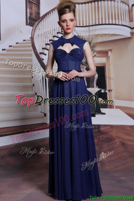 Attractive Column/Sheath Prom Party Dress Navy Blue High-neck Chiffon Sleeveless Floor Length Zipper