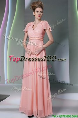 Best Pink Prom Evening Gown Prom and Party and For with Beading and Ruching V-neck Cap Sleeves Side Zipper