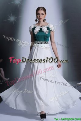 Cheap Scoop Cap Sleeves Chiffon Floor Length Zipper Dress for Prom in White for with Appliques