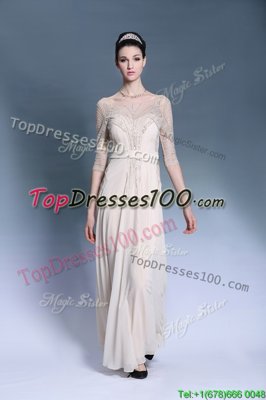Adorable Champagne Column/Sheath Beading and Pleated Prom Dress Zipper Chiffon Short Sleeves Floor Length