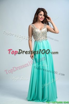 Top Selling Sleeveless Chiffon Floor Length Zipper Prom Party Dress in Aqua Blue for with Beading and Appliques