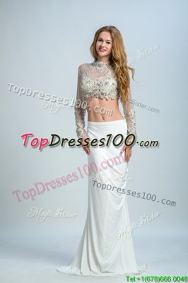Flirting White Column/Sheath Beading Prom Party Dress Backless Elastic Woven Satin Long Sleeves Floor Length