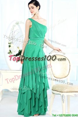 Flare One Shoulder Green Sleeveless Appliques Floor Length Prom Dress
