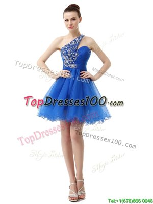 One Shoulder Sleeveless Casual Dresses Knee Length Beading Royal Blue Organza