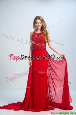 Romantic Red Ball Gowns Chiffon Scoop Sleeveless Beading With Train Side Zipper Evening Dress Court Train