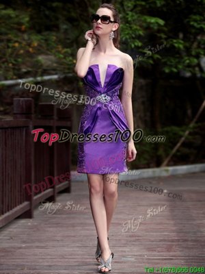 Pretty Purple Column/Sheath Satin V-neck Sleeveless Beading and Appliques Knee Length Zipper Cocktail Dress