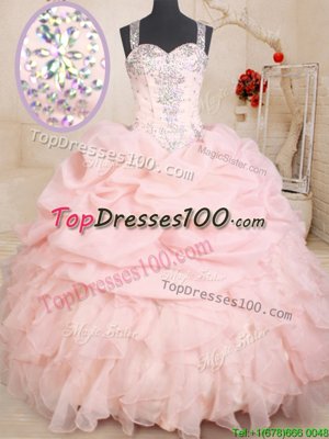 Custom Design Baby Pink Ball Gown Prom Dress Military Ball and Sweet 16 and Quinceanera and For with Beading and Ruffles and Pick Ups Straps Sleeveless Zipper