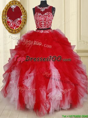 Glittering Two Pieces See Through Scoop Sleeveless Quinceanera Gowns Floor Length Beading and Ruffles White and Red Tulle