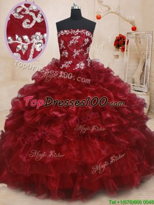 Burgundy Ball Gowns Beading and Ruffles and Ruffled Layers Quinceanera Dresses Lace Up Organza Sleeveless Floor Length