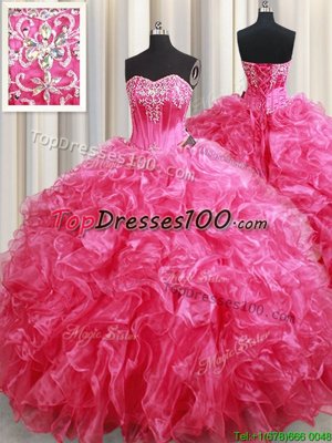 Top Selling Hot Pink Sweetheart Neckline Beading and Ruffles Quinceanera Dresses Sleeveless Lace Up