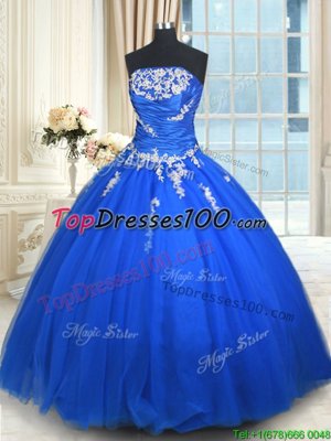 Strapless Sleeveless Lace Up Quinceanera Dresses Blue Tulle