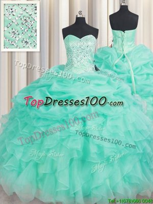 Romantic Apple Green Organza Lace Up Quince Ball Gowns Sleeveless Floor Length Beading and Ruffles and Pick Ups
