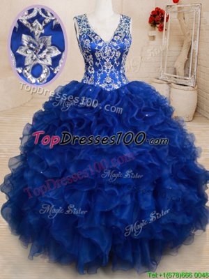 Romantic V-neck Sleeveless Backless Sweet 16 Dress Royal Blue Organza