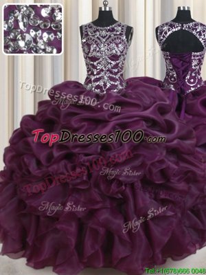 Scoop Dark Purple Sleeveless Floor Length Beading and Ruffles and Pick Ups Lace Up Quince Ball Gowns