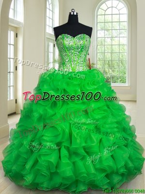 Floor Length Lace Up Ball Gown Prom Dress Green and In for Military Ball and Sweet 16 and Quinceanera with Beading and Ruffles