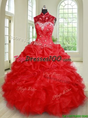 Elegant See Through Red Ball Gowns Organza High-neck Sleeveless Beading and Ruffles and Pick Ups Floor Length Lace Up Quinceanera Dress
