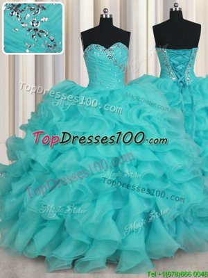 Customized Aqua Blue Ball Gowns Beading and Ruffles Sweet 16 Quinceanera Dress Lace Up Organza Sleeveless Floor Length