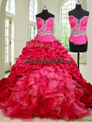 Exquisite Chapel Train See Through Coral Red Sweetheart Neckline Beading and Ruffles and Pick Ups Vestidos de Quinceanera Sleeveless Lace Up