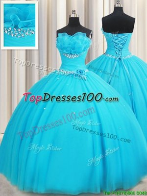 Fantastic Strapless Sleeveless Lace Up Sweet 16 Dresses Aqua Blue Tulle