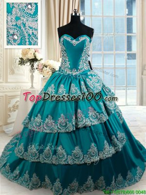 Romantic Teal Lace Up Sweet 16 Quinceanera Dress Beading and Embroidery and Ruffled Layers Sleeveless Floor Length