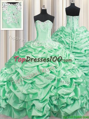 Sweetheart Sleeveless Sweet 16 Dresses With Brush Train Beading and Pick Ups Apple Green Taffeta