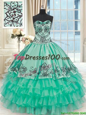 Sleeveless Organza and Taffeta Floor Length Lace Up 15th Birthday Dress in Turquoise for with Embroidery and Ruffled Layers
