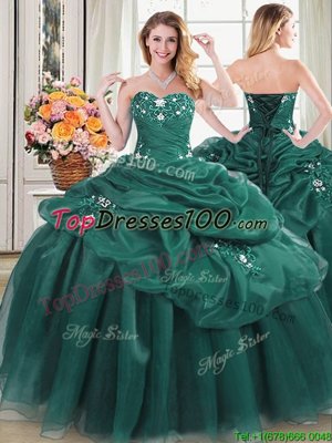 Four Piece Pick Ups Dark Green Sleeveless Taffeta Lace Up 15th Birthday Dress for Military Ball and Sweet 16 and Quinceanera
