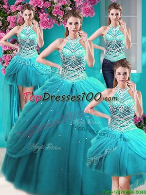 Admirable Four Piece Halter Top Floor Length Aqua Blue Quinceanera Gown Tulle Sleeveless Beading and Pick Ups