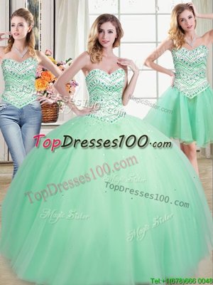 Three Piece Apple Green Ball Gowns Sweetheart Sleeveless Tulle Floor Length Lace Up Beading Quince Ball Gowns