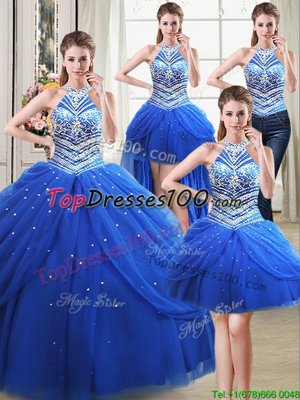 Four Piece Royal Blue Ball Gowns Halter Top Sleeveless Tulle Floor Length Lace Up Beading and Pick Ups 15 Quinceanera Dress